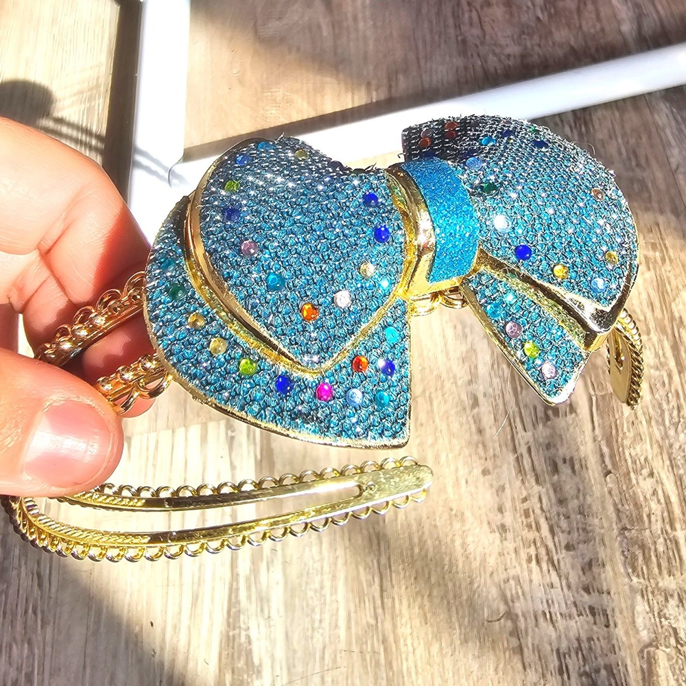 Gold Tone Crystal Bow Headband Blue Rhinestone Side Bow Hair‎ Accessory